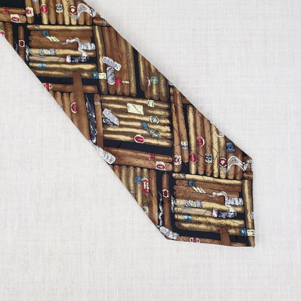Nicole Miller Silk Tie Cigar Pattern Brown Novelty Smoking Theme 1997 Korea